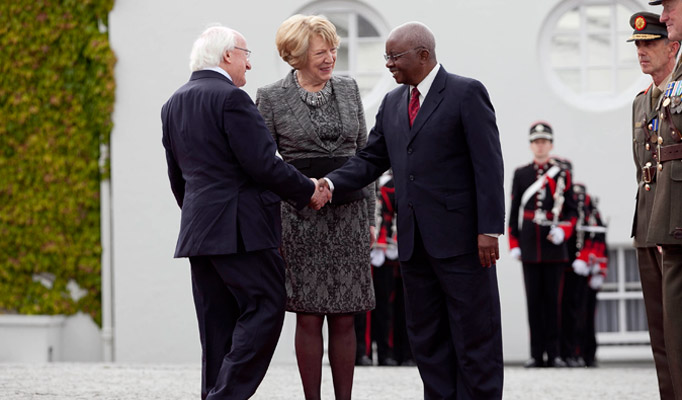 1.	President of the Republic of Mozambique Mr Armando Emilio Guebuza being welcomed by The President of Ireland, Michael D Higgins and his wife Sabina Higgins at Aras an Uachtarain during President Guebuza's 4 day state visit to Ireland from the 3rd to the 6th of June .Photo Chris Bellew / Copyright Fennell Photography 2014