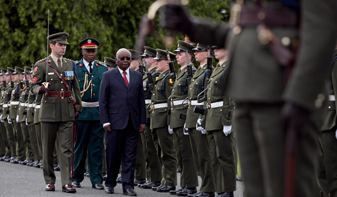 2.President of the Republic of Mozambique Mr Armando Emilio Guebuza inspecting the Guard  at Aras an Uachtarain during the Presidents 4 day state visit to Ireland from the 3rd to the 6th of June .Photo Chris Bellew / Copyright Fennell Photography 2014