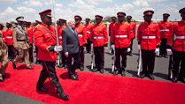 Pictured is President Michael D Higgins inspecting the Guard of Honour after his arrival to Kazumu International Airport, Lilongwe, Malawi. Photo Chris Bellew / Copyright Fennell Photography 2014