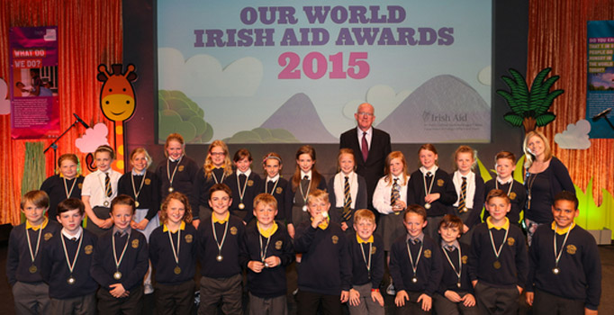 Jones Memorial PS, receiving their throphy form the Minister for Foreign Affairs and Trade Charlie Flanagan at the Our World Awards finals.