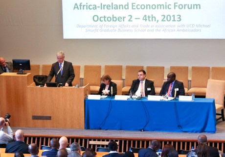 The Tanaiste and Minister for Foreign Affairs and Trade announces the Mwangi Scholarship at the Africa Ireland Economic Forum in October 2013.