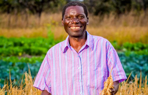 A rice farmer stands in front of his fields in Kabwe