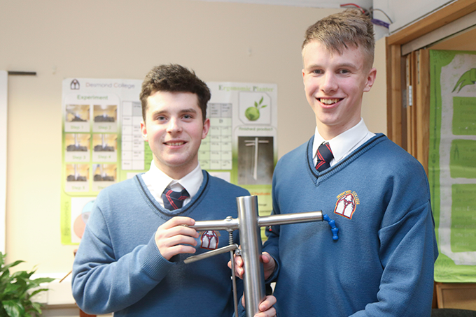 Winner of the Science for Development Award, students Diarmuid Curtin and Jack O'Connor, Desmond College, Newcastle West, Limerick with their Ergonomic Planter (Credit: GSHA)